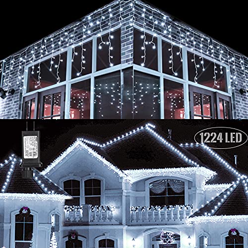 Toodour Christmas Icicle Lights Outdoor, 1224 LED 100ft 8 Modes Fairy Icicle String Light with 204 Drops, Led Christmas Lights Twinkle for Holiday, Party, Wedding, Eaves, Xmas Decorations (White)