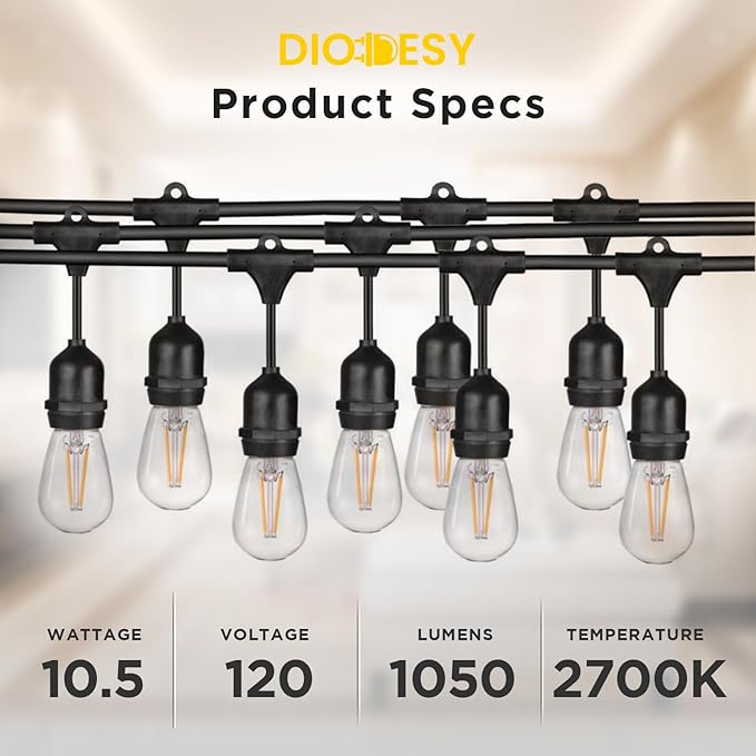 Diodesy- 24Ft Outdoor String Lights with S14 LED Shatterproof Edison Bulb & 7 Hanging Socket Commercial Grade E26 | Lumora