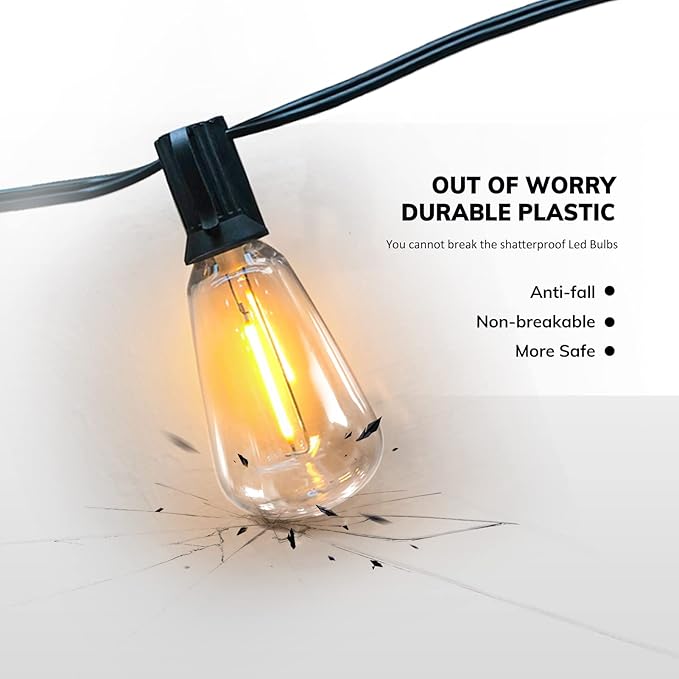 Achin 100FT Outdoor String Lights LED Dimmable Patio Lights String Waterproof with 50+3 Shatterproof Bulbs ST38 | Lumora