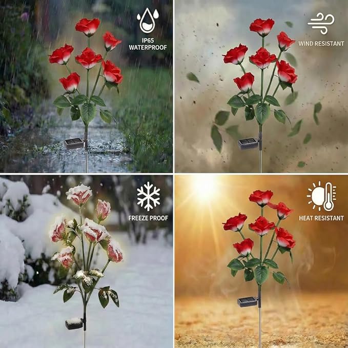 Solar Garden Rose Lights, 2 Pack MostRealistic 12 LED Flower Stake Lights, IP65 Waterproof 7 Color Changing Solar Decor for Walkway/Graveyard, Heartwarming Gifts for Grandma & Mom,Red