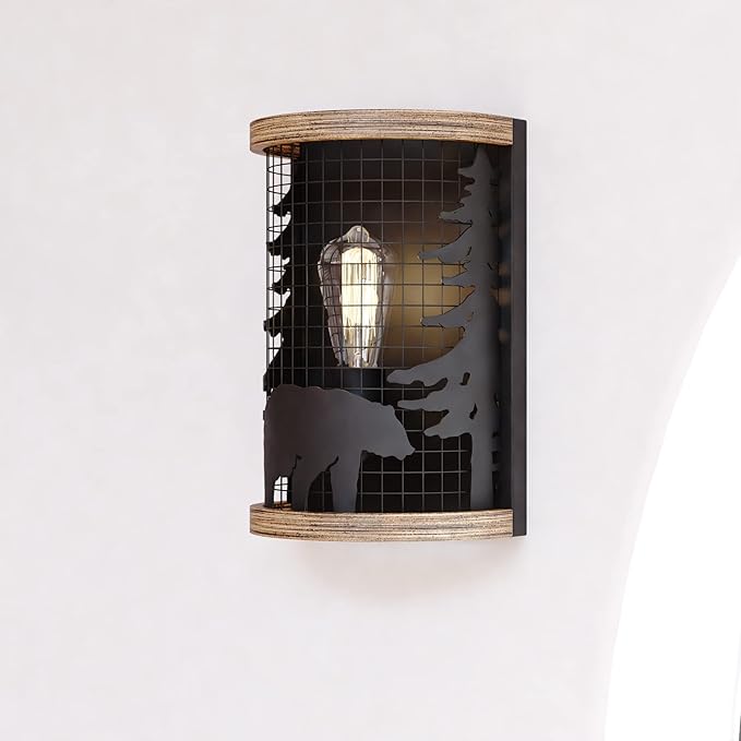 VAXCEL Kodiak 1 Light Black Cage Rustic Wall Sconce Bear and Tree Motif | Lumora