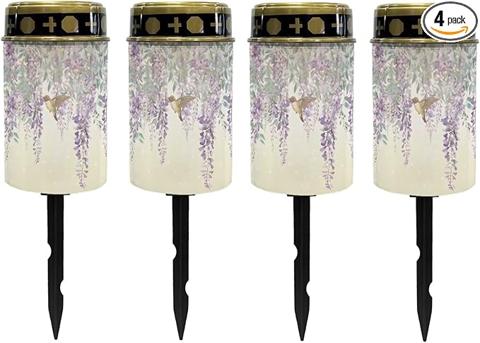 Poceacles Solar Grave Lights for Cemetery - Decorations, Candle and Pathway Lights, Waterproof Landscape Lighting for Loss of Mother, Hummingbird Wisteria Flower, Pack of 4