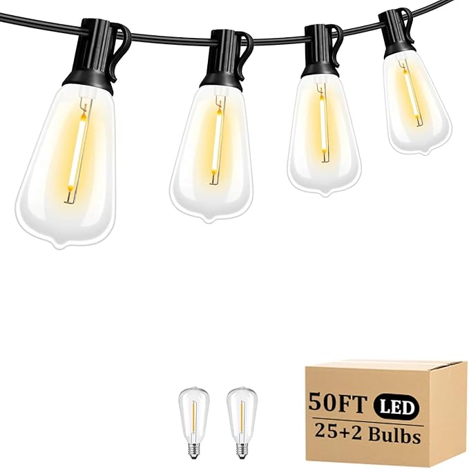 50FT LED Outdoor String Lights with 27 ST38 Bulbs (2 Spare) Connectable Yard Hanging Lights for Party Tents Patio Gazebo Porch Deck Bistro Backyard Balcony Pergola Outside Decor