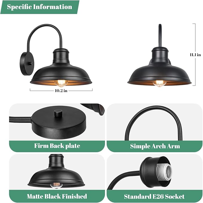 11" Outdoor Wall Lights, 2-Pack Black Wall Sconces Farmhouse Gooseneck Barn Lights for Porch, Anti-Rust Waterproof | Lumora