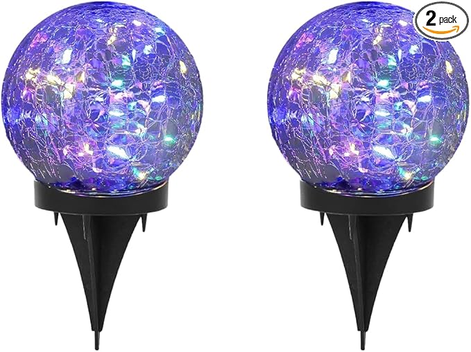2pack Solar Powered Multi-Color Crackle Glass Globe Lights Outdoor Decorative LED Garden Balls with Colorful Lights for Patio, Lawn, Yard, Pathway.