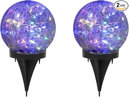 2pack Solar Powered Multi-Color Crackle Glass Globe Lights Outdoor Decorative LED Garden Balls with Colorful Lights for Patio, Lawn, Yard, Pathway.