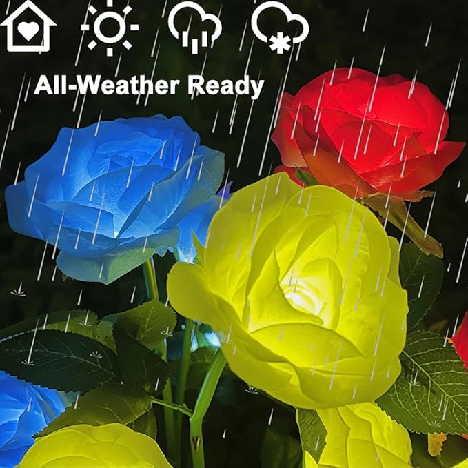 GONIMY Outdoor Realistic Solar Powered Rose Flower Lights Stake,2 Pack 10 Rose Solar Garden Decorative Waterproof | Lumora