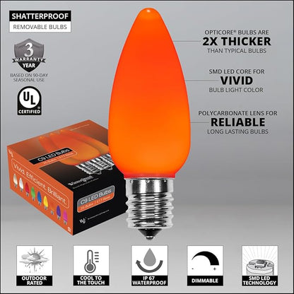 Wintergreen Lighting C9 OptiCore LED Commercial Outdoor Christmas Lights – Heavy Duty Christmas String Lights; Green Wire (25 Lights, 25 ft, Orange Smooth/Opaque)