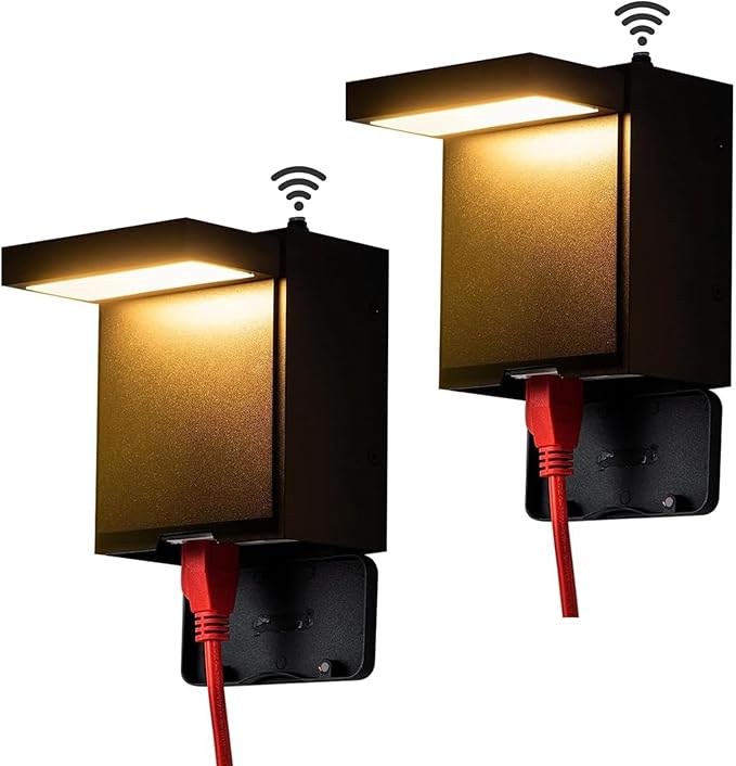 Nigaut Dusk to Dawn Porch Light with GFCI Outlet,Modern LED Outdoor Wall Light with Outlet Built-in,3000K Warm Yellow Outdoor Sconce, Wall Mount External Security Light(2 Pack)