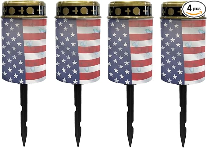 Poceacles Solar Lights Outdoor Lights Solar Powered Cemetery Lights Grave Solar Candles Outdoor Stake Lights Garden Solar Lantern Waterproof Decoration, American Flag Butterfly, Pack of 4