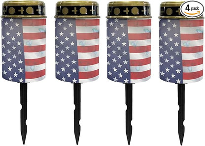 Poceacles Solar Lights Outdoor Lights Solar Powered Cemetery Lights Grave Solar Candles Outdoor Stake Lights Garden Solar Lantern Waterproof Decoration, American Flag Butterfly, Pack of 4