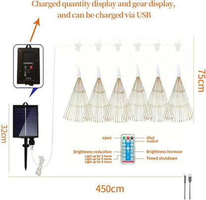 6 Pack LED Outdoor Solar Warm Light Gradient Fireworks Lights with Remote Control, Waterproof Solar&USB Powered Courtyard Atmosphere Decorative Lights,8 Modes DIY Path Light.