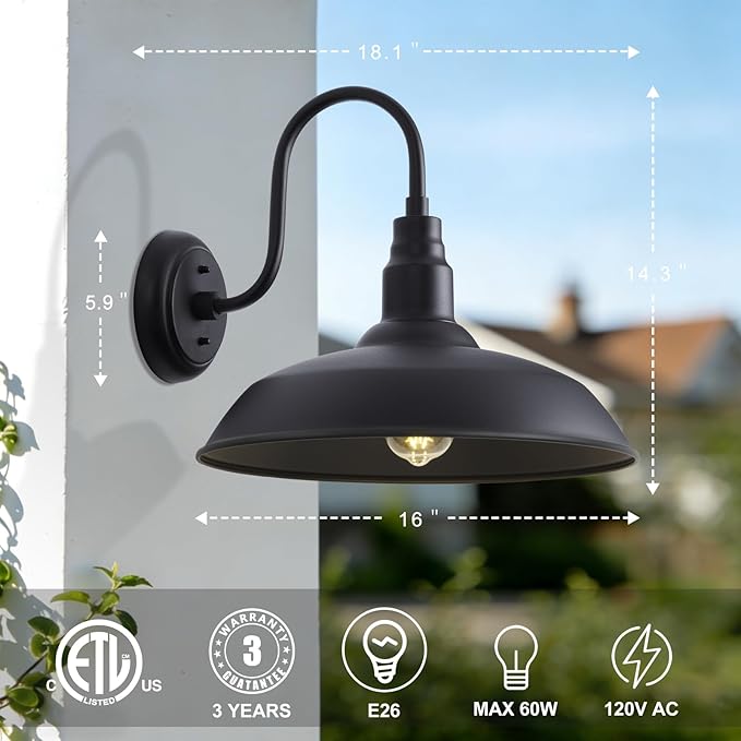 16 Inch Gooseneck Light Fixture for Barn Door, 2 Pack Large Barn Lights for Front Porch, Black Outdoor Farmhouse | Lumora