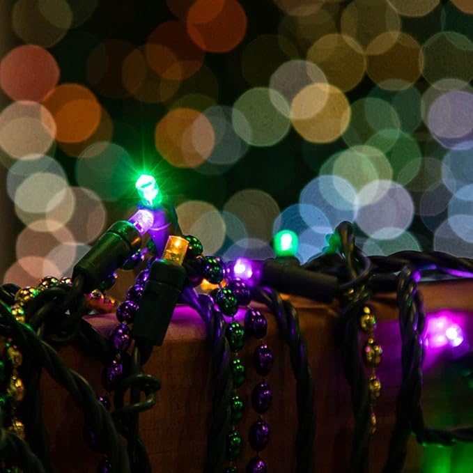 Novelty Lights 50ft 100 LED Yellow/Purple/Green Mardi Gras Lights Outdoor/Indoor, 6" Spacing, Green Wire String Lights for Festive Xmas Lighting, IP55, UL Listed, Dimmable, Connectable