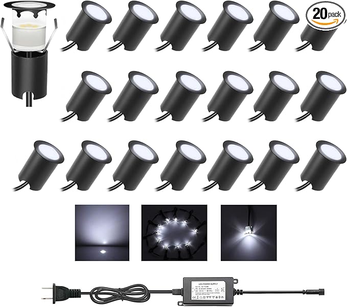 Recessed LED Deck Lights Kits with Protecting Shell,20Pack Φ1.18 IP67 Waterproof 12V Low Voltage Embedded Step Stair Cool White Outdoor Landscape LED Lighting for Yard,Garden,Floor,Entryways