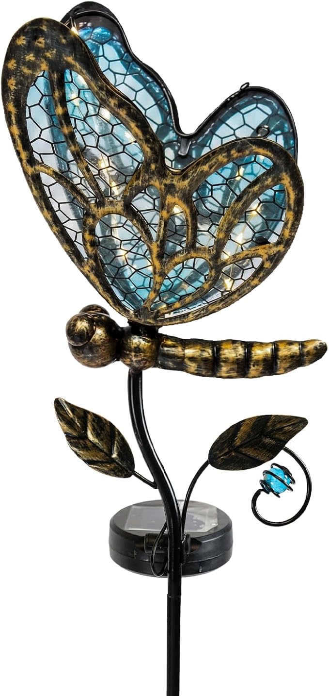 Decorative Outdoor Solar Butterfly Lights,Warm LED Handcrafted Blue Glass Stakes, 36 Inch Tall, Auto On-Off for Up to 8 Hours Glow, Waterproof Yard Patio Ornaments