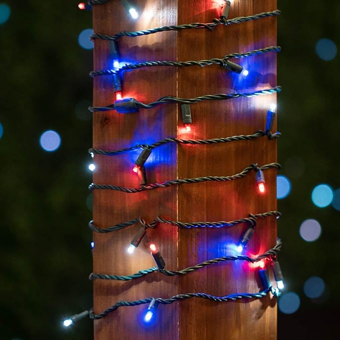 Novelty Lights 25ft 50 LED Red/Pure White/Blue Christmas Lights Outdoor/Indoor, 6" Spacing, Green Wire String Lights for Festive Xmas Lighting, IP55, UL Listed, Dimmable, Connectable