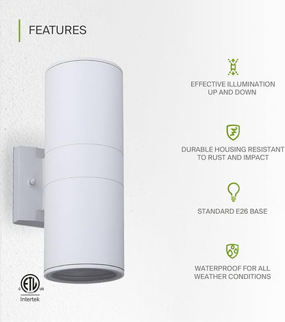 ASD 2 Light Dusk to Dawn Outdoor Wall Light Fixture | 120W E26 Bulb Socket 120V ETL Cylinder Up Down Lights | LED/CFL/Incandescent Bulb Exterior Wall Sconce | Front Door, Porch Patio | White