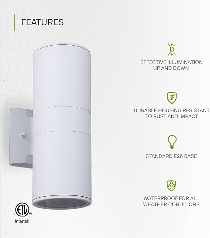 ASD 2 Light Outdoor Wall Light Fixture | 120W E26 Bulb Socket 120V ETL Cylinder Up Down Lights | | Lumora