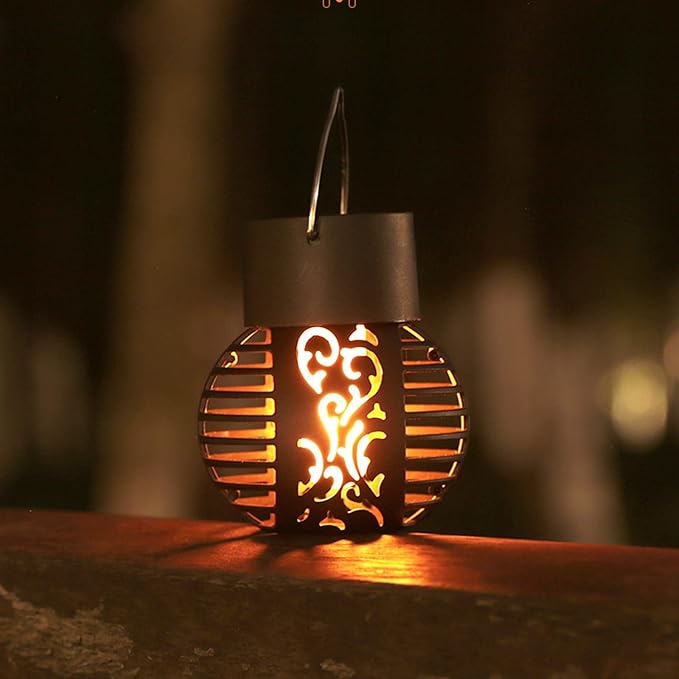 Solar Outdoor Lights Simulation Flame Chandelier Decorative Hanging LED Round Ball Lights 2 Pack Solar Garden Lights Waterproof Solar Powered Ball Lights for Camping Yard Patio Fence Tree Decoration