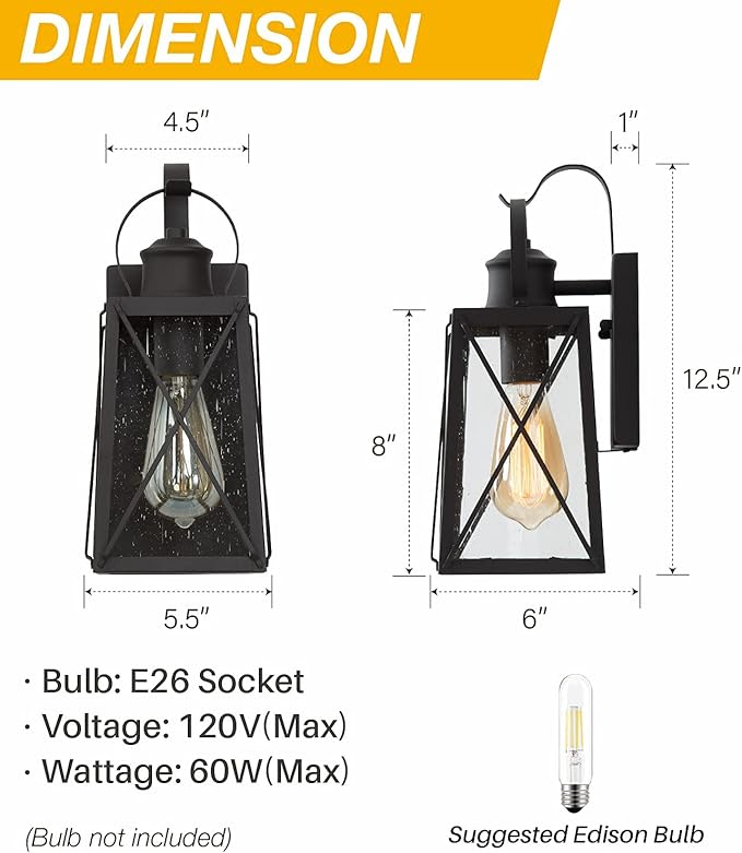 LALUZ Outdoor Wall Lantern, Farmhouse Exterior Porch Light, Outside Weather-Resistant Wall Mount Sconce with Seeded Glass for Patio Garage, Matte Black, ETL Listed, 60W