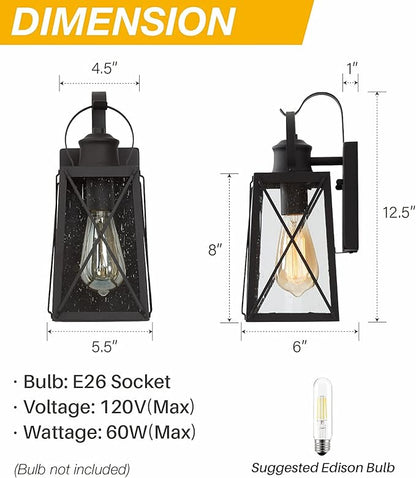 LALUZ Outdoor Wall Lantern, Farmhouse Exterior Porch Light, Outside Weather-Resistant Wall Mount Sconce with Seeded Glass for Patio Garage, Matte Black, ETL Listed, 60W