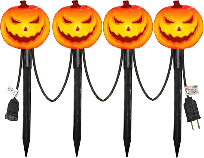 SUNSGNE Halloween Pathway Lights, Set of 4 Halloween Pumpkin Stake Lights with 5 C7 LED Light Bulbs(1 Spare), Connectable Pumpkin Light for Path Walkway Driveway Garden Decorations