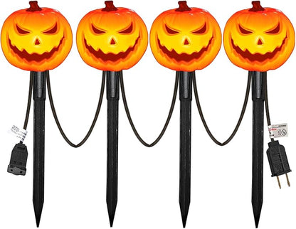 SUNSGNE Halloween Pathway Lights, Set of 4 Halloween Pumpkin Stake Lights with 5 C7 LED Light Bulbs(1 Spare), Connectable Pumpkin Light for Path Walkway Driveway Garden Decorations