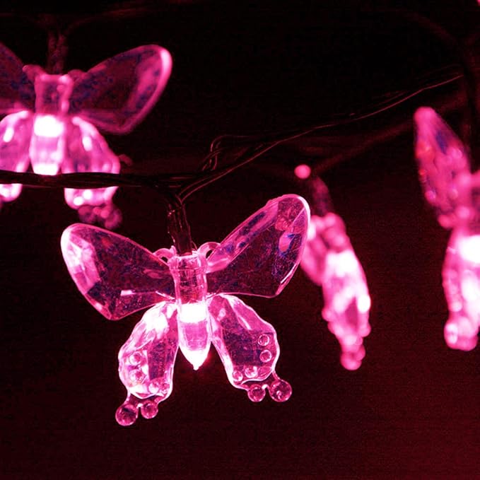 Solar String Lights, Waterproof 16ft 20LED Butterfly Christmas Fairy Lights Decorative Lighting for Home Party Wedding Patio Garden Porch Balcony (Pink)