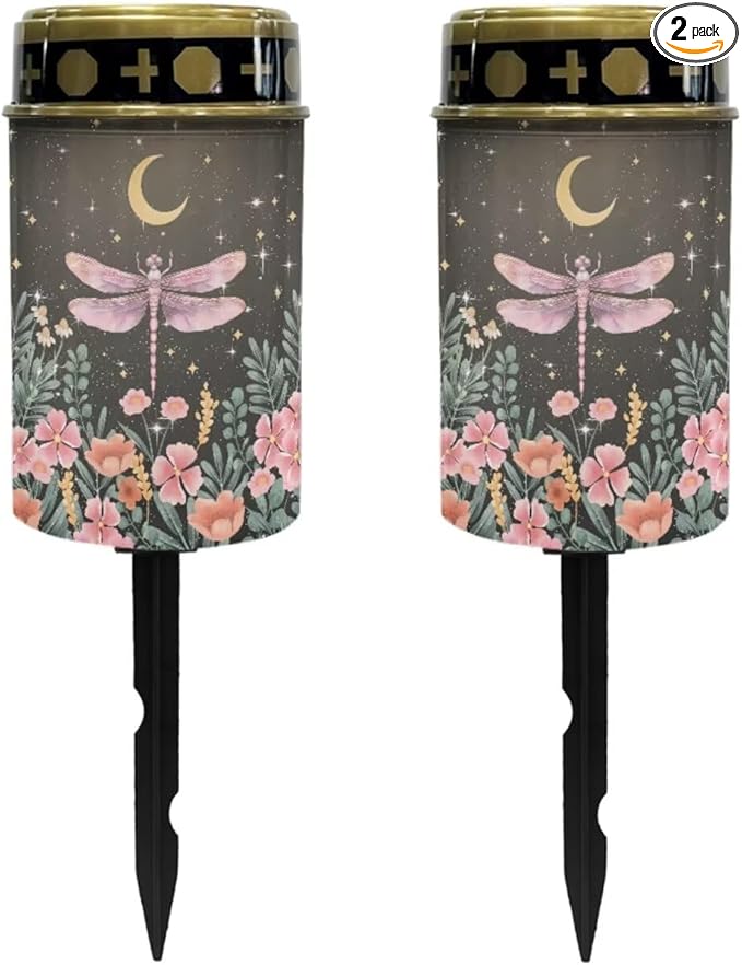 Poceacles Solar Lights Outdoor Cemetery Grave Decor - Solar Memorial Lights - Pink Dragonfly Flower Moon, Pack of 2