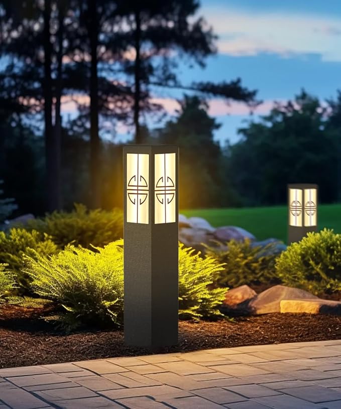 Solar Garden Path Lights Square Black Metal Pathway Lights Chinese Style Glass Bollard Lantern Dimming Landscape Lighting Fixture for Lawn Front/Back Door Balcony