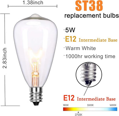 ST38 Outdoor Edison String Lights with 11 Clear Globe Bulbs and 10 Pack ST38 Replacement Light Bulbs, C7/E12 Screw Base, Black Wire