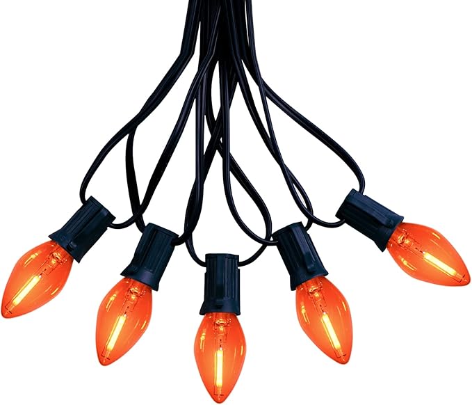 Orange C7 Christmas Lights, 25Ft C7 LED Outdoor String Lights with 27 Clear Orange Bulbs, Hanging Christmas Decorative Lights for Indoor Outdoor Holiday Party Backyard Garden, Black Wire