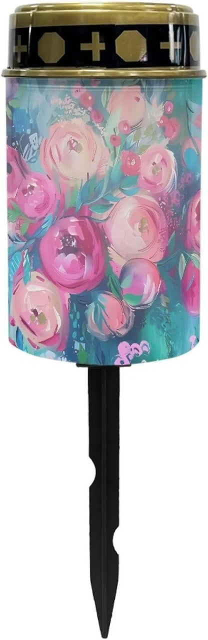 Pink Flower Garden Decor Solar Light Outdoor Stake Patio Yard Lawn Porch Pathway Grave Solar Lights for Cemetery Christmas Halloween Outside Waterproof Decorations