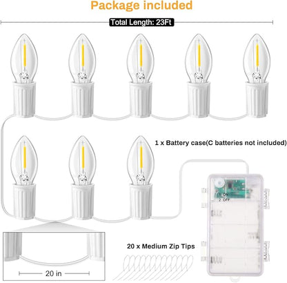 LED Canopy and Umbrellas Lights, 23 Ft LED Outdoor String Lights with Shatterproof Plastic 8LED C7 E-12 Light Bulbs, Waterproof, C Battery Powered, Super Bright to Display at Night Outdoors