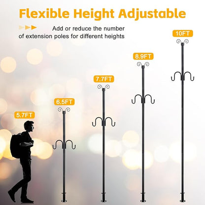 String Light Poles for Outside, 10FT Heavy Duty Outdoor String Light Pole Stand with Shepherd Hooks for Wood Deck Concrete Patio Garden Backyard Wedding Party Bird Feeder Lanterns Flower Basket 1PC