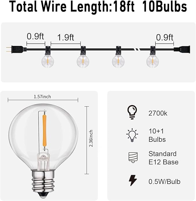 HISTAR 18 FT Outdoor String Lights with 10+1 Edison G40 Bulbs, Led Patio Lights Waterproof for Backyard Porch Balcony Party Decor