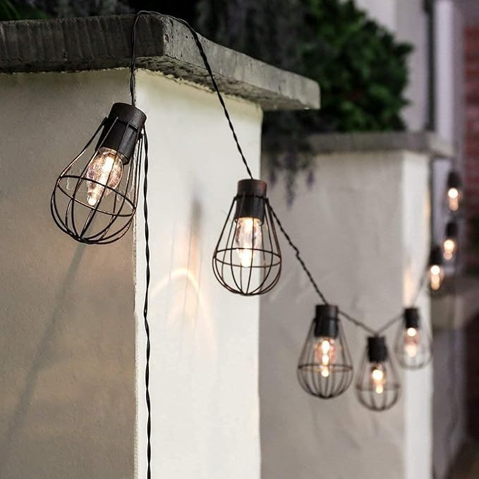 Solar Bulbs String Light,Metal Shade/Wire Cage-10 LED Bulbs Outdoor Fairy Lights Vintage String Lights Decoration for Garden Patio Cafe Porch