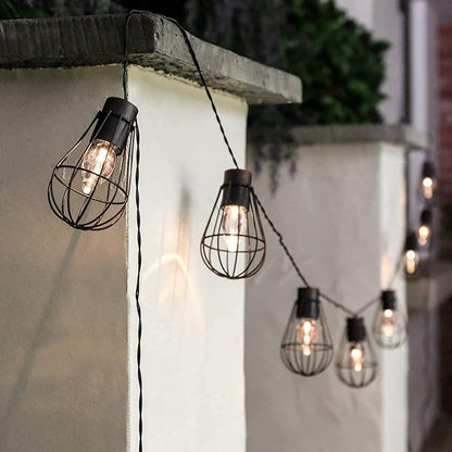 Solar Bulbs String Light,Metal Shade/Wire Cage-10 LED Bulbs Outdoor Fairy Lights Vintage String Lights Decoration for Garden Patio Cafe Porch