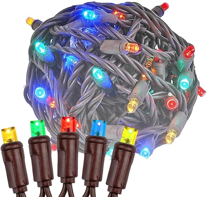 Novelty Lights 25ft 50 LED Multicolor Christmas String Lights, 6" Spacing on Brown Wire, UL Listed IP55 Commercial Grade Xmas Lights for Outdoor/Indoor, Dimmable, Connectable