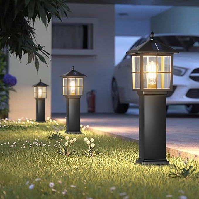 Solar Square Landscape Lights 23.6" Outdoor Solar Pathway Light Glass Bollard Lantern Auto On/Off Solar Garden Floor Lamp 3-Color Waterproof Solar Path Light For Lawn Courtyard Walkway Driveway