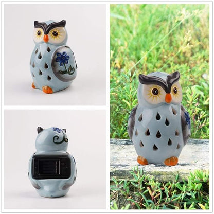 ASTRAEUS Porcelain Owl Solar Landscape Lights Figurine, Color Changing LED - Lawn Decor Owl Statues for Patio, Lawn, Balcony, Yard - Mothers Day Housewarming Gifts Grey Blue