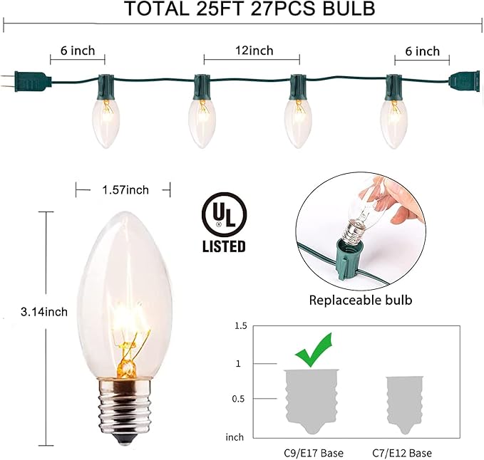25FT C9 Warm White Christmas Lights, Vintage Outdoor String Lights for Tree, Patio, Garden, and Holiday Decorations, Clear Incandescent Bulbs, Connectable, Indoor & Outdoor Use