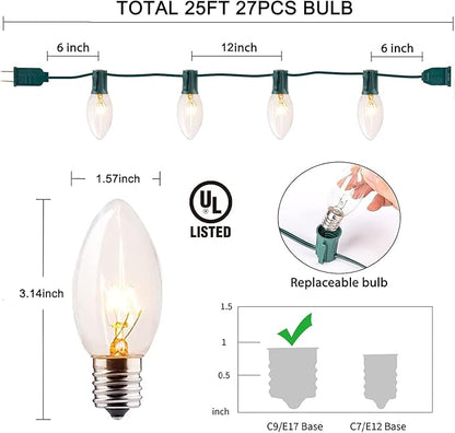 25FT C9 Warm White Christmas Lights, Vintage Outdoor String Lights for Tree, Patio, Garden, and Holiday Decorations, Clear Incandescent Bulbs, Connectable, Indoor & Outdoor Use