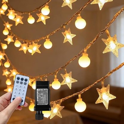 50 Stars & 50 Globes String Lights for Wedding, Party, Holiday Decor - 100 LED, 49.2ft, Remote Control, 8 Modes, IP44 Waterproof, Linkable Plug in Lights for Indoor Outdoor, Backyard, Celebration