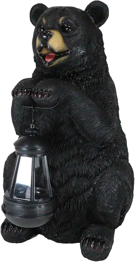 Ebros Gift Rustic Garden Decorative Adorable Forest Black Bear Holding Lantern Greeter Statue Figurine Solar LED Lantern Path Light for Indoor Outdoor Home Bears Wild Animals Sculpture