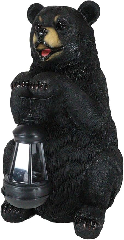Ebros Gift Rustic Garden Decorative Adorable Forest Black Bear Holding Lantern Greeter Statue Figurine Solar LED Lantern Path Light for Indoor Outdoor Home Bears Wild Animals Sculpture