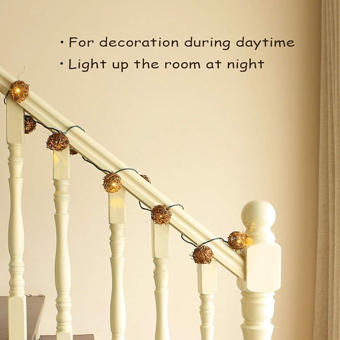 ACRAFT Handmade Dark Brown Rattan Ball String Lights Plug in Fairy Lights for Indoor Outdoor Patio Garden Balcony | Lumora