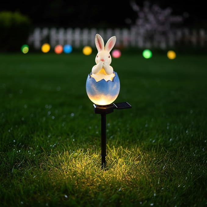 Garden Bunny Statue Solar Lights,Solar Resin Rabbit Outdoor Stake Light,Outside Waterproof Lawn Lamp,Easter Egg Rabbit Figurines Decorative Landscape Light for Patio Yard Lawn Decoration