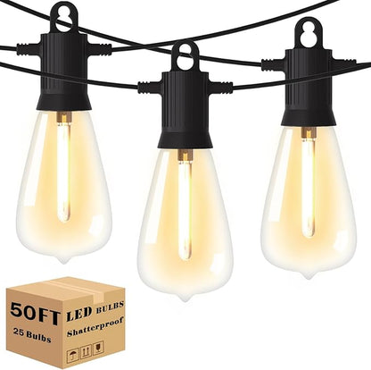 48ft Dimmable Patio Lights with 15+1 S14 Retro Edison Bulbs & 144 Fairy Rope and LED Patio Lights with 52（50+2 Spare ST38 Shatterproof Bulbs